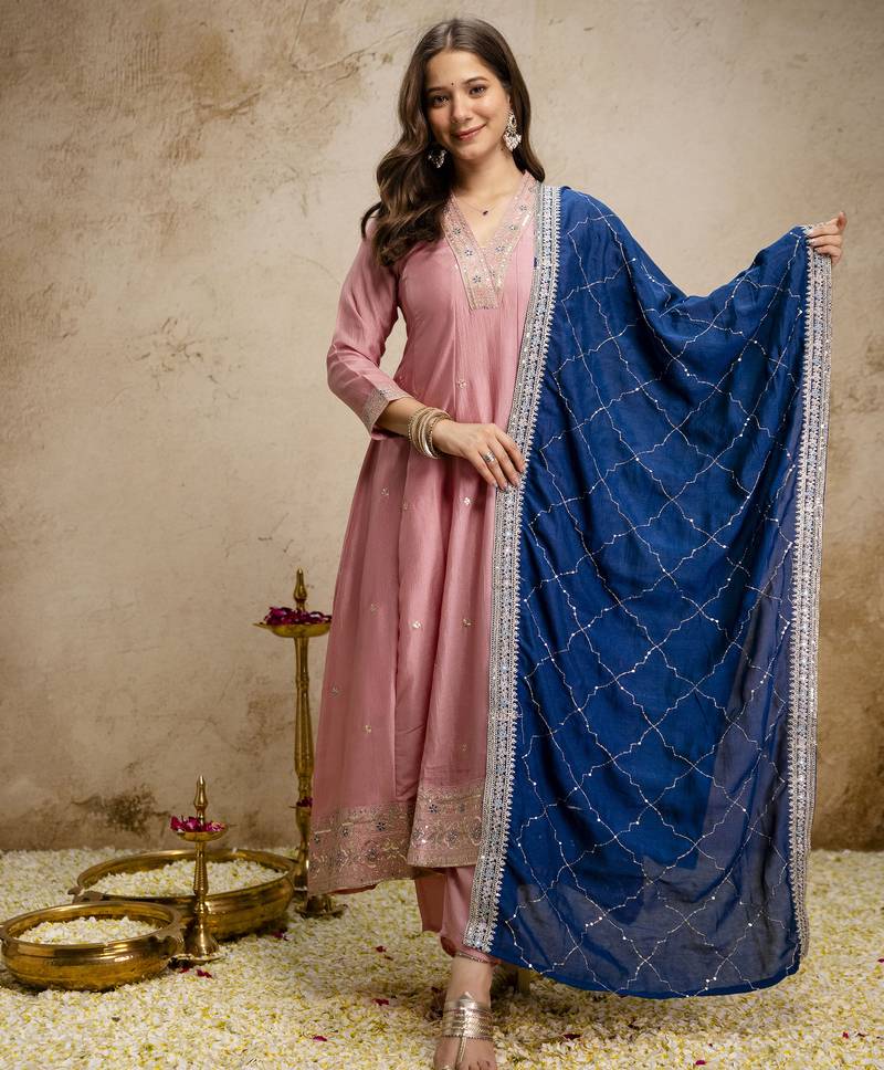 Anarkali kurta set in vichitra silk with embroidery – designer kurti pant dupatta set for women