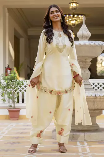 White classic traditional patiala suit set in japan satin with rich embroidery & floral motifs  for festive