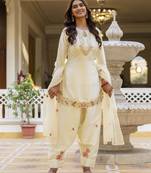 White classic traditional patiala suit set in japan satin with rich embroidery & floral motifs  for festive