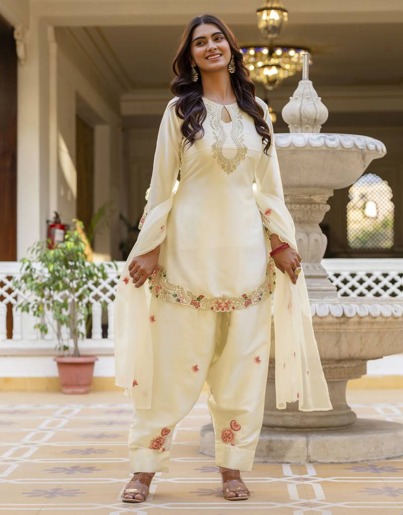 White classic traditional patiala suit set in japan satin with rich embroidery & floral motifs  for festive