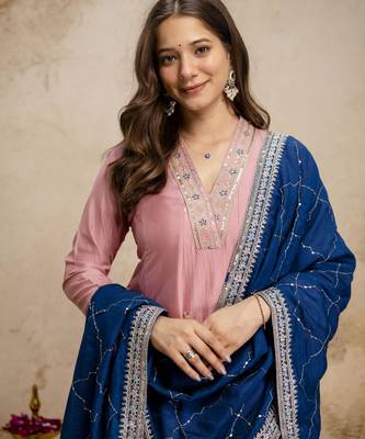 Anarkali kurta set in vichitra silk with embroidery   designer kurti pant dupatta set for women 2