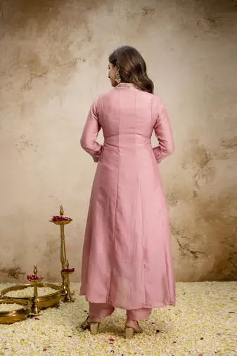 Anarkali kurta set in vichitra silk with embroidery   designer kurti pant dupatta set for women