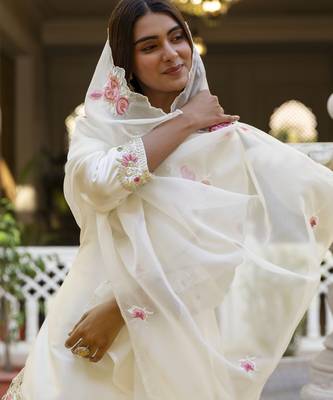 White classic traditional patiala suit set in japan satin with rich embroidery & floral motifs for festive 3