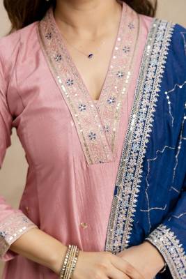 Anarkali kurta set in vichitra silk with embroidery   designer kurti pant dupatta set for women 4