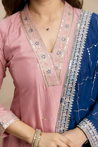 Anarkali kurta set in vichitra silk with embroidery   designer kurti pant dupatta set for women