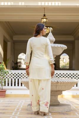 White classic traditional patiala suit set in japan satin with rich embroidery & floral motifs for festive 4