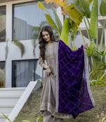 Anarkali kurta set in vichitra silk with embroiderykurti pant dupatta set for women