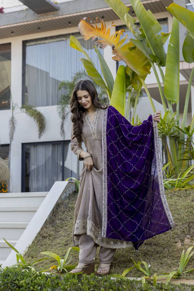 Anarkali kurta set in vichitra silk with embroidery – designer kurti pant dupatta set for women