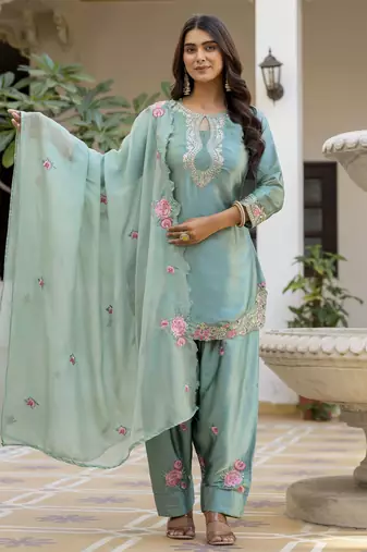 Pista classic traditional patiala suit set in japan satin with rich embroidery & floral motifs  for festive