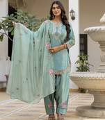 Pista classic traditional patiala suit set in japan satin with rich embroidery & floral motifsfor festive