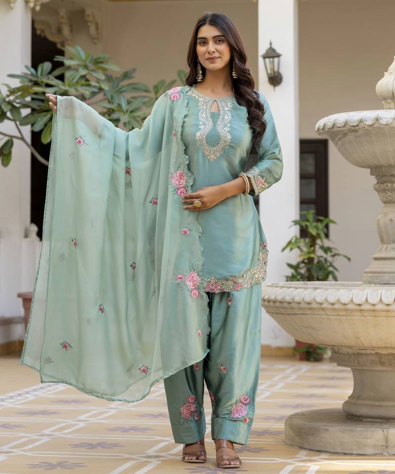 Pista classic traditional patiala suit set in japan satin with rich embroidery & floral motifs  for festive