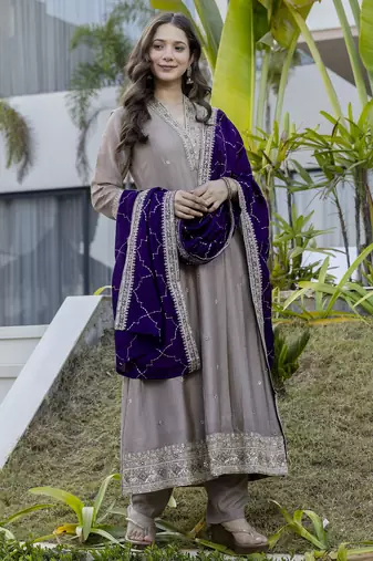 Anarkali kurta set in vichitra silk with embroiderykurti pant dupatta set for women