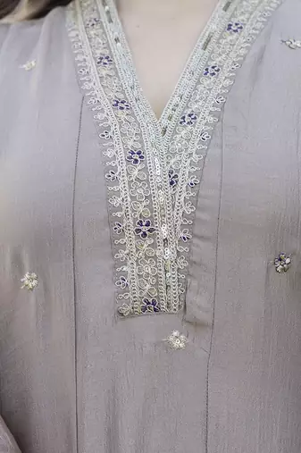 Anarkali kurta set in vichitra silk with embroiderykurti pant dupatta set for women