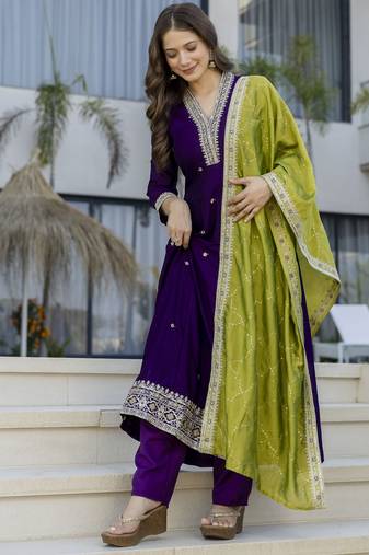 Anarkali kurta set in vichitra silk with embroidery – designer kurti pant dupatta set for women