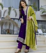 Anarkali kurta set in vichitra silk with embroiderykurti pant dupatta set for women