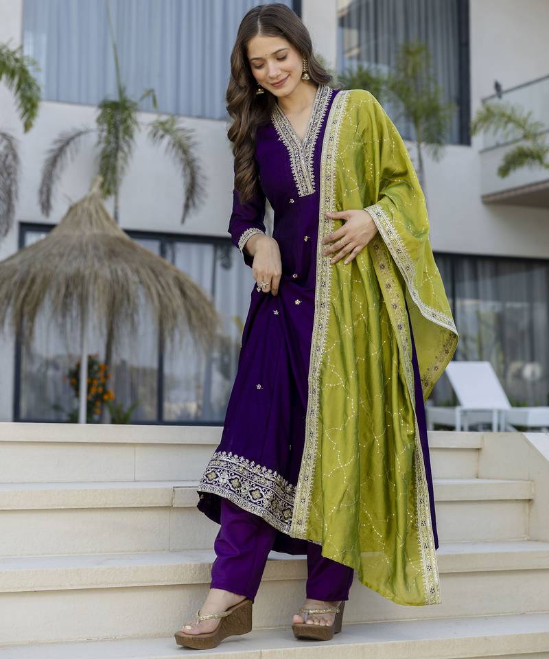 Anarkali kurta set in vichitra silk with embroidery – designer kurti pant dupatta set for women