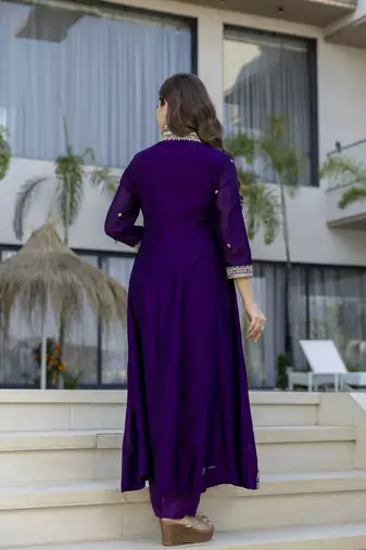 Anarkali kurta set in vichitra silk with embroiderykurti pant dupatta set for women