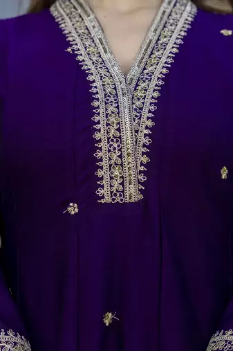 Anarkali kurta set in vichitra silk with embroiderykurti pant dupatta set for women