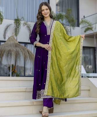Anarkali kurta set in vichitra silk with embroiderykurti pant dupatta set for women 4