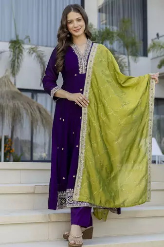 Anarkali kurta set in vichitra silk with embroiderykurti pant dupatta set for women