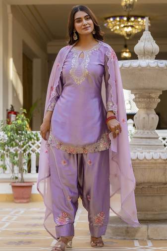 Purple classic traditional patiala suit set in japan satin with rich embroidery & floral motifs  for festive