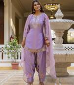 Purple classic traditional patiala suit set in japan satin with rich embroidery & floral motifsfor festive