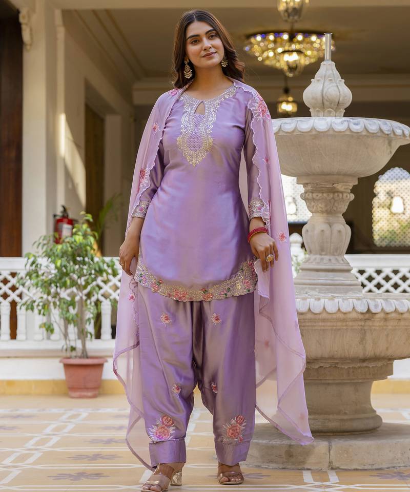 Purple classic traditional patiala suit set in japan satin with rich embroidery & floral motifs  for festive