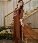 Elegant vichitra silk kurta pant set with organza dupatta – solid designer ethnic wear for women