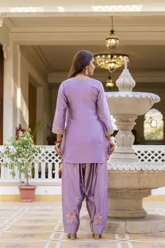 Purple classic traditional patiala suit set in japan satin with rich embroidery & floral motifsfor festive