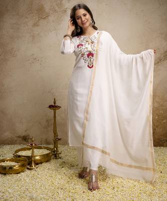 white roman fabric kurta pant set with embroidered yoke & chanderi bhagalpuri dupattastraight fit ethnic wear 1