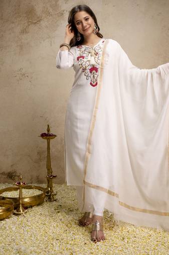 Women’s white roman fabric kurta pant set with embroidered yoke & chanderi bhagalpuri dupatta – straight fit ethnic wear