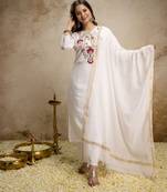 white roman fabric kurta pant set with embroidered yoke & chanderi bhagalpuri dupattastraight fit ethnic wear