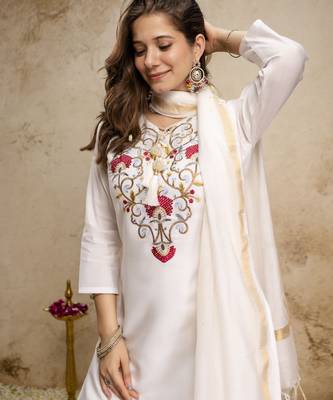 white roman fabric kurta pant set with embroidered yoke & chanderi bhagalpuri dupattastraight fit ethnic wear 2
