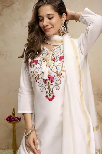 white roman fabric kurta pant set with embroidered yoke & chanderi bhagalpuri dupattastraight fit ethnic wear