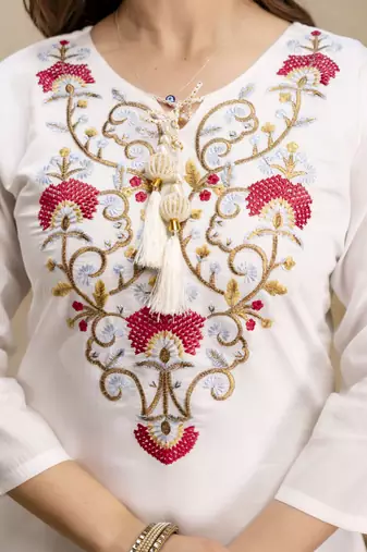 white roman fabric kurta pant set with embroidered yoke & chanderi bhagalpuri dupattastraight fit ethnic wear