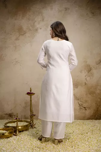 white roman fabric kurta pant set with embroidered yoke & chanderi bhagalpuri dupattastraight fit ethnic wear
