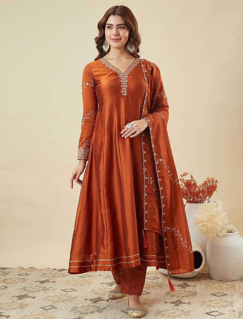 Orange vichitra silk kurta set with embroidery – designer ethnic kurti with shantoon pant & dupatta for women