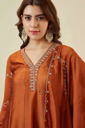 Orange vichitra silk kurta set with embroideryethnic kurti with shantoon pant & dupatta for women