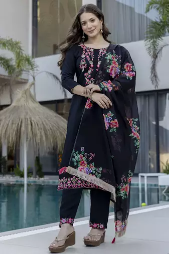 Designer d chinon kurta pant set with embroidery & printed tebby silk dupatta