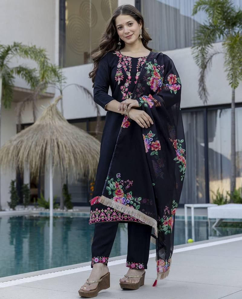 Designer d chinon kurta pant set with embroidery & printed tebby silk dupatta