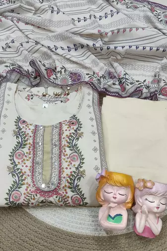 Plus size maslin kurta set with aari embroidery & mirror workethnic suit with dupatta for women