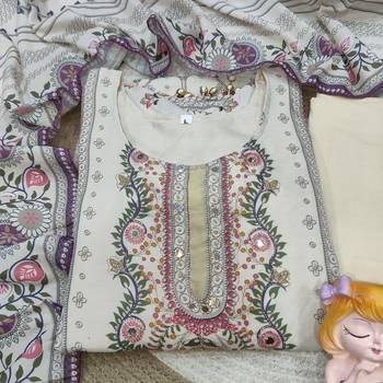 Plus size maslin kurta set with aari embroidery & mirror workethnic suit with dupatta for women 4