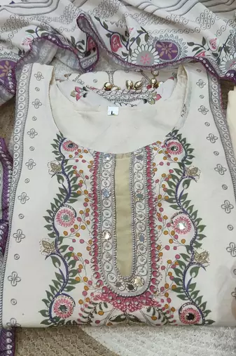 Plus size maslin kurta set with aari embroidery & mirror workethnic suit with dupatta for women