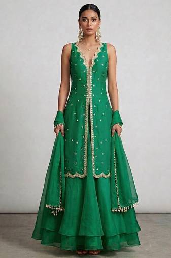 Emerald green embroidered organza sharara set