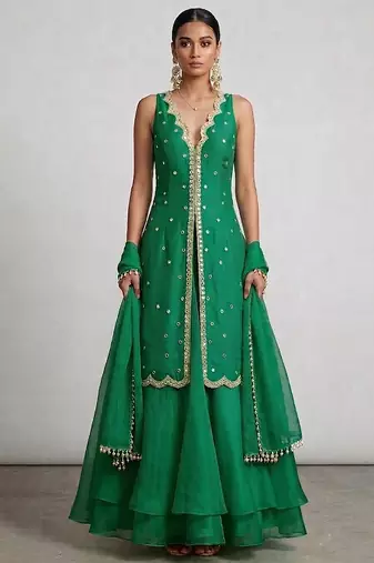 Emerald green embroidered organza sharara set