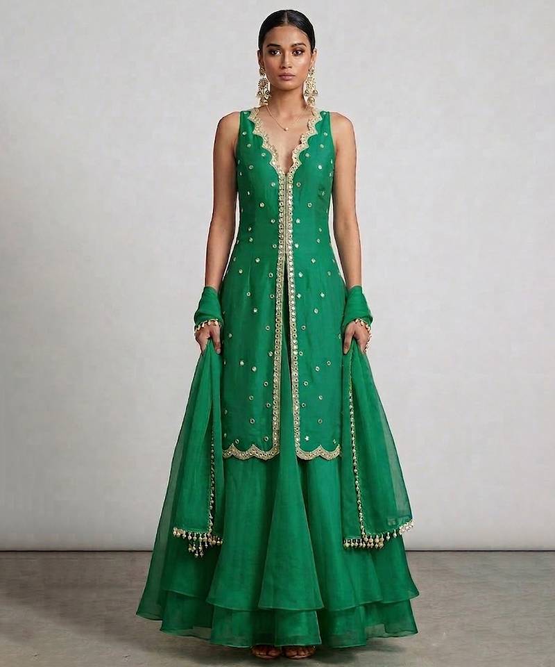 Emerald green embroidered organza sharara set