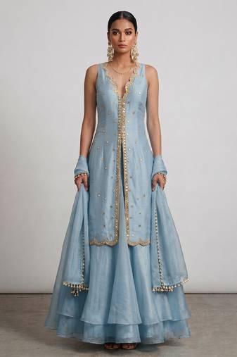Aqua blue embroidered organza sharara set