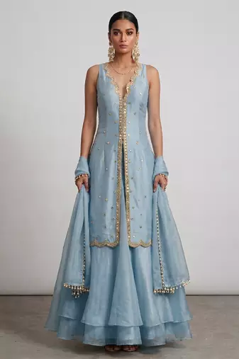 Aqua blue embroidered organza sharara set