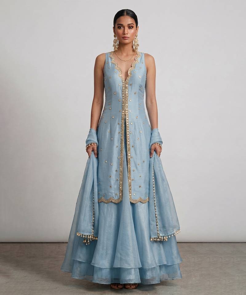 Aqua blue embroidered organza sharara set