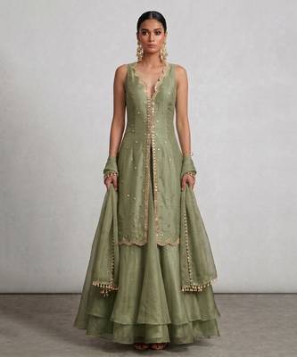Sage Green Embroidered Organza Lehenga Set 1